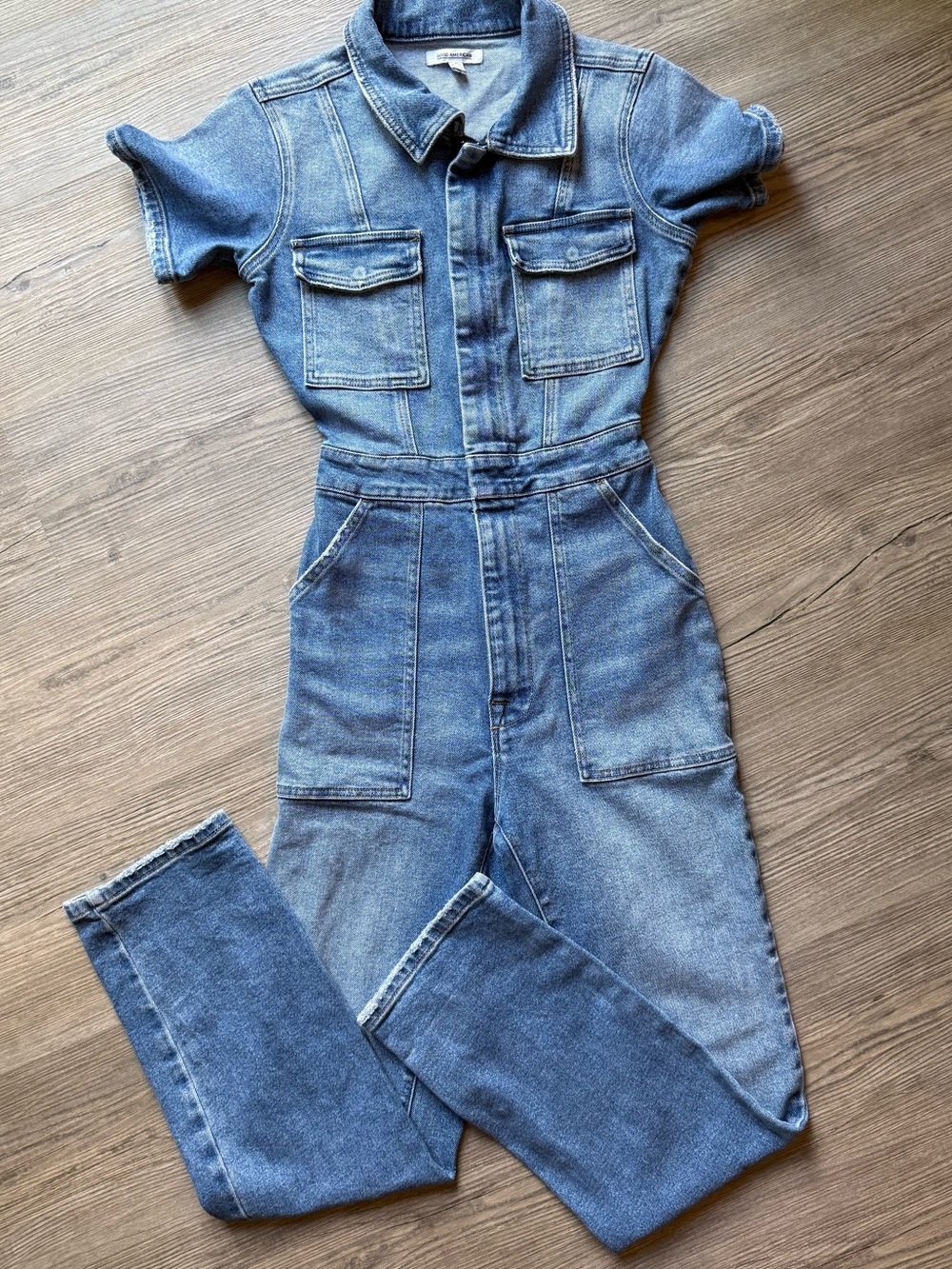 Good American Denim Jumpsuit Womens Size 0 Blue Utility Romper Short Sleeve